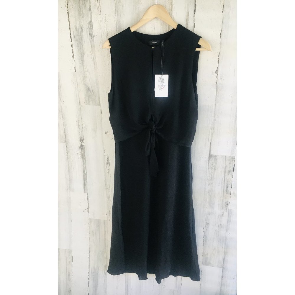 NWT THEORY Tie Front Midi Dress 100% Silk Black Sleeveless Work Office
